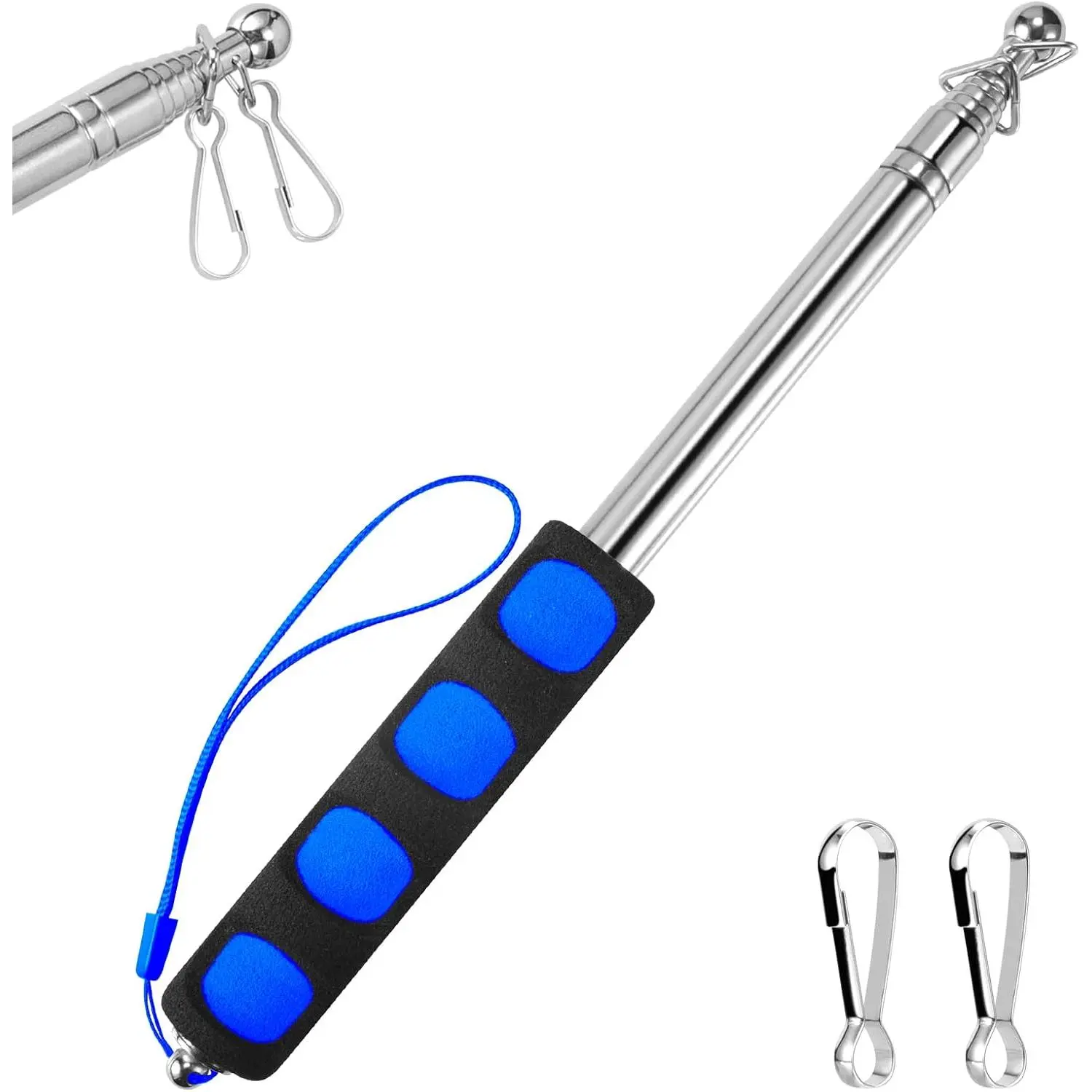 1.6M Telescopic Handheld Flagpoles with Clips, 5.25  Thick Portable Stainless Steel Telescopic Banner Flag Pole - Tour Guide Flag Pole - Teaching Pointer Stick (5 Ft, Blue Black,1 Pack)