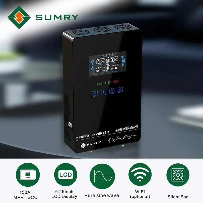 SUMRY 4000W HGX Hybrid Off Grid Solar Inverter 24V DC Input to 120V AC Output Pure Sine Wave 140A 5600W MPPT Solar Charger with LCD Display Batteryless Operation Supports AGM and Lithium Batteries Home Backup Power Inverter for Cuba