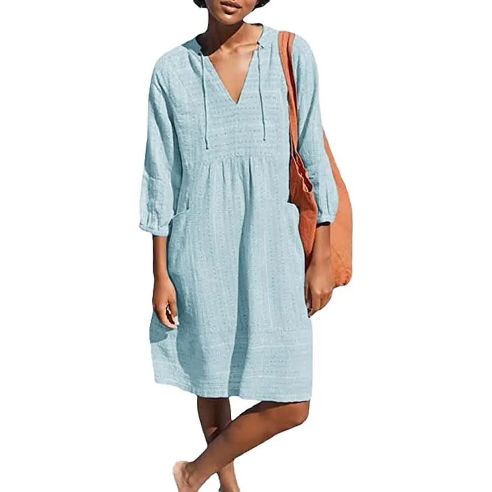 Women's V-Neck Cotton Basic Casual Loose Shift Tunic Smock Dress - 3/4 Sleeves, Pocket, Suit for Beach Vacation, Versatile Garment