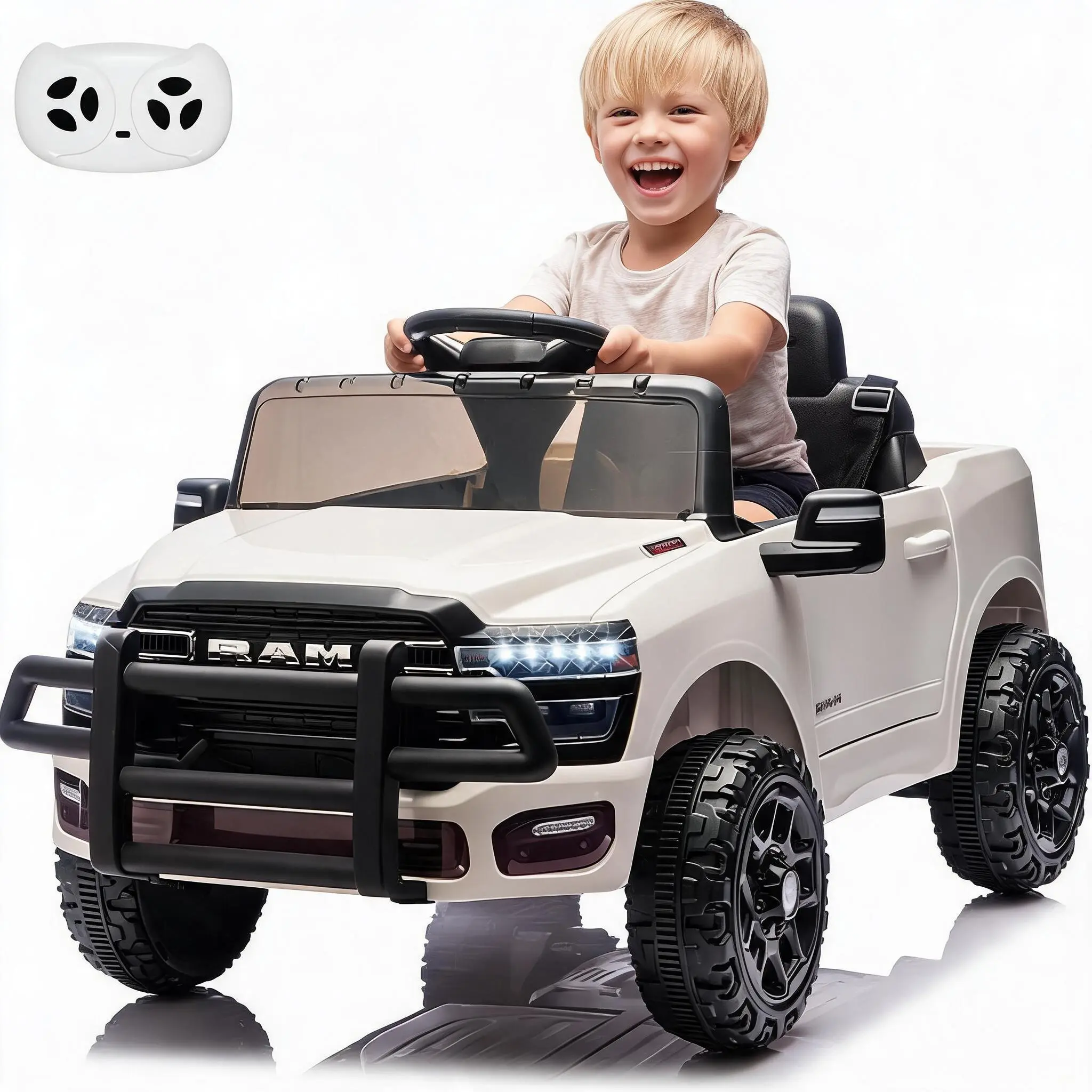 【BacktoSchool】GARVEE 12V RAM Kids' Ride-On Pickup Truck - 12V Electric Ride On Machine with Parental RC, Built-In Cells, LED Lights, Music, Suspension, Double Doors, 3 Speeds, All-Terrain Tires, Seat Belt, Engine Sound - Toy Gift for Boys & Girls, Unisex