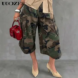 UOOZEE Women's Camouflage 100% Cotton Wide Leg Oversized Cargo Bottoms, Elastic Waist Cropped Culottes with Side Pockets, Loose Fit Streetwear Trousers (Size Down for Slim Look)