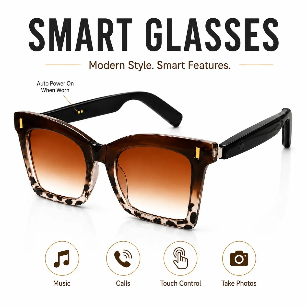 Smart Glasses, Bluetooth Sunglasses with Open-Ear Music, Hands-Free Calls, Touch Control and Remote Phone Photo Shutter