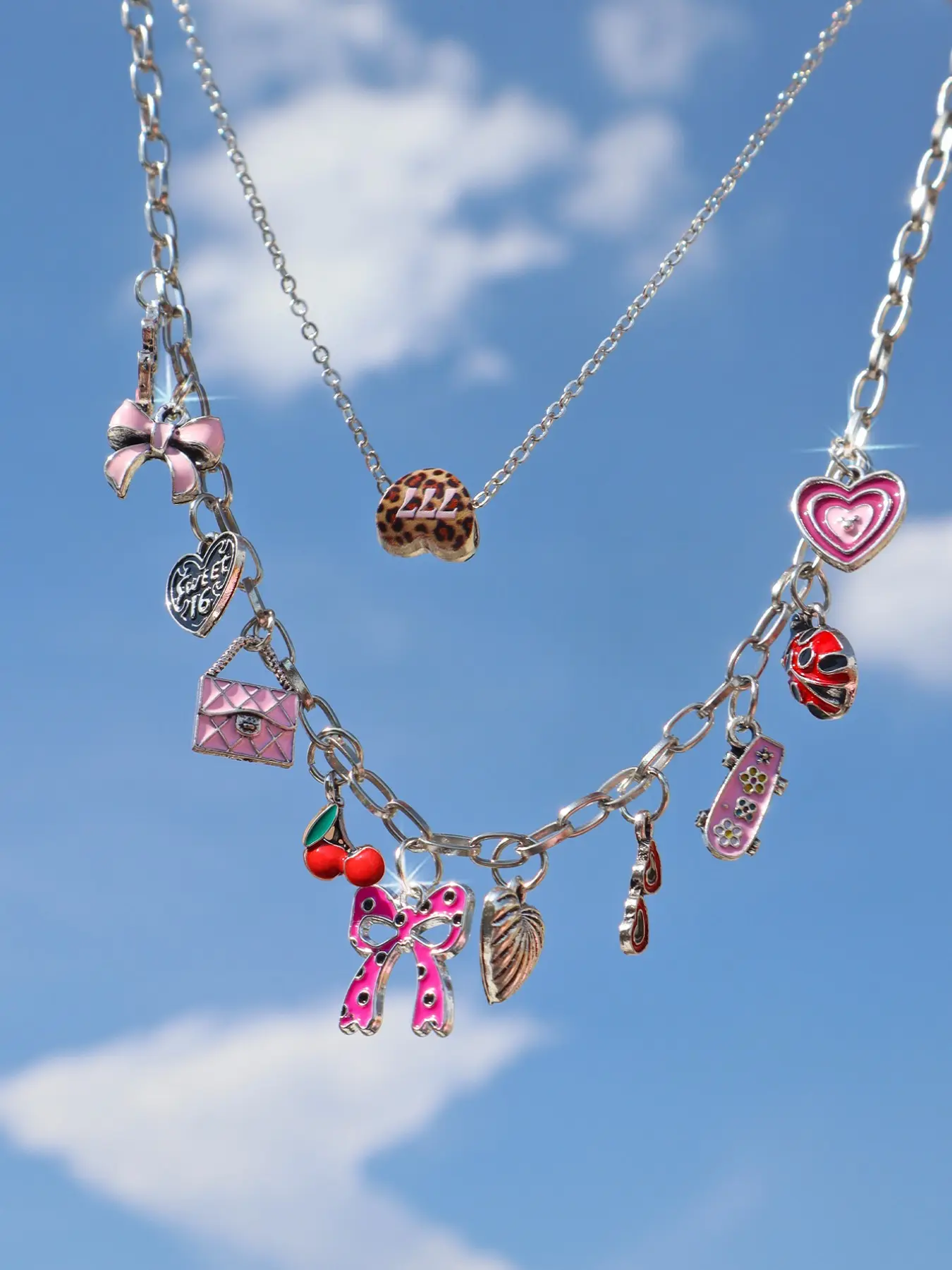 Heart Cake Charm Multi-Layer Necklace, Lucky Number 777 Leopard Print Necklace, Vintage Bow Flower Necklace, Fashion Jewelry, Daily Costume Jewelry Necklace