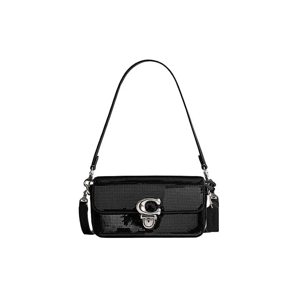 COACH Studio 20 Logo-Embellished Satchel Handbag for Women – Loaf-Shaped, Black Leather