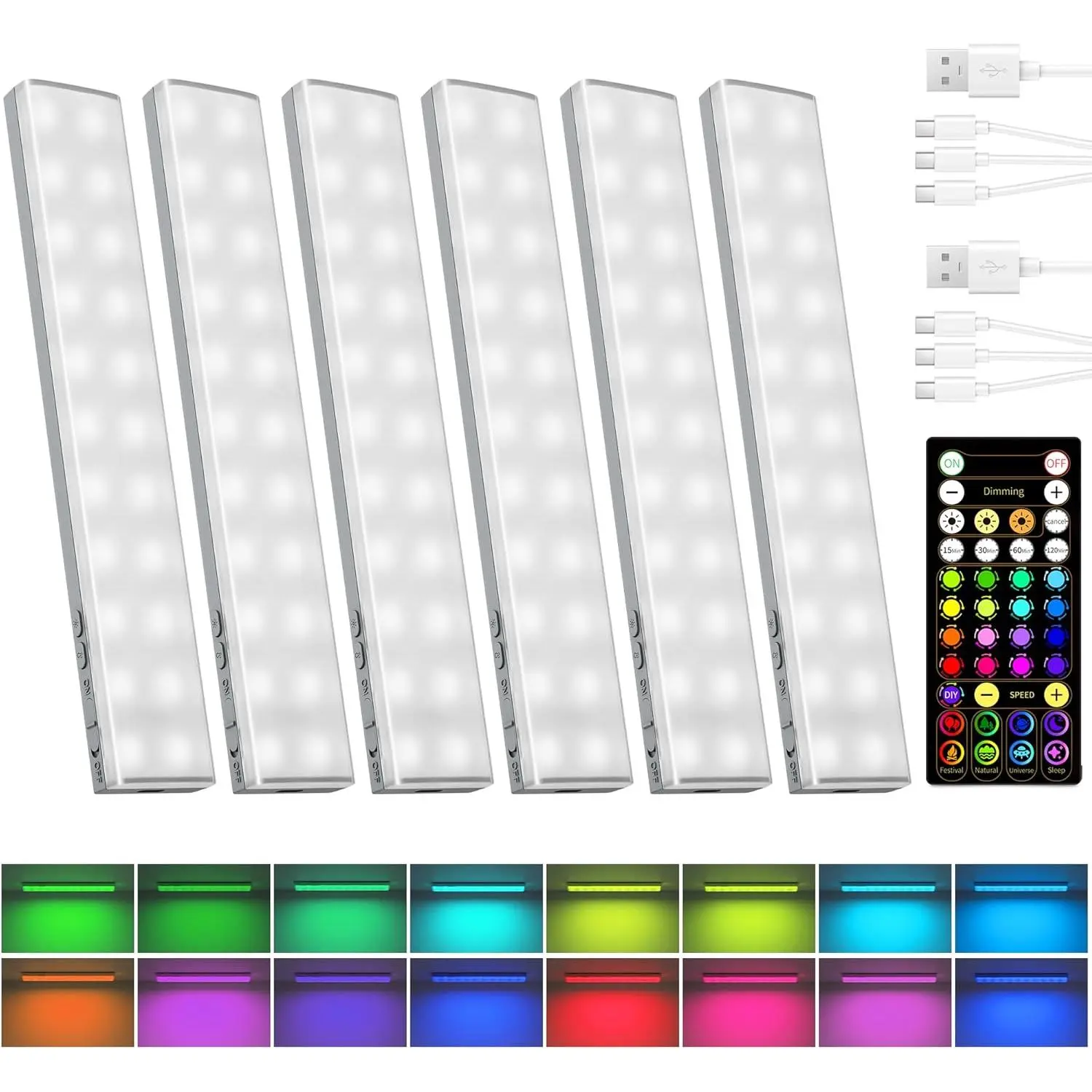 6-Pack RGB Color Changing Wireless Under Cabinet LED Lights - 1800mAh Rechargeable Strip with Remote Control, Timer, Dimmable, 80 Colors, Batteries Included for Gaming Setup, Game Room Accessories, Gamer Stuff