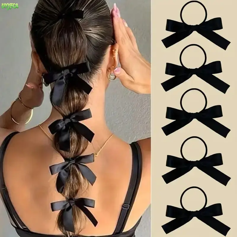 5 Pack Satin Ribbon Bow Elastic Hair Ties,Cute Coquette Balletcore Long Streamer Ponytail Holders, Smooth Silky Fabric Hair Scrunchie,Elegant Ribbon,Soft Stretch Hair Accessory For Bubble Braids Double Ponytail Daily Dance Party Styling,Summervibes
