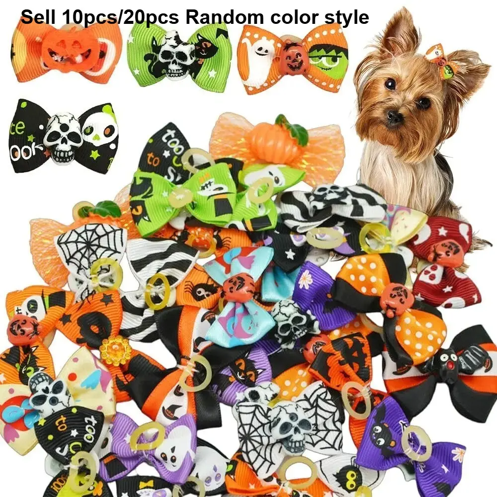 10pcs/20pcs Puppy Yorkie Dog Hair Bow Halloween Ribbon with Rubber Band 40mm Mix Colors Varies Patterns Pet Grooming Products (Halloween)