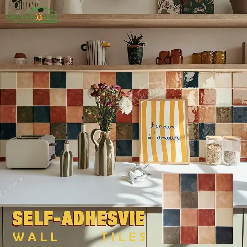 10pcs Colorful Self-Adhesive Splash-Proof Wall Stickers, Kitchen Bathroom Square Tile Stickers, Multi-Color Mosaic Checkerboard Pattern, No Glue Required, Tiles Sticker