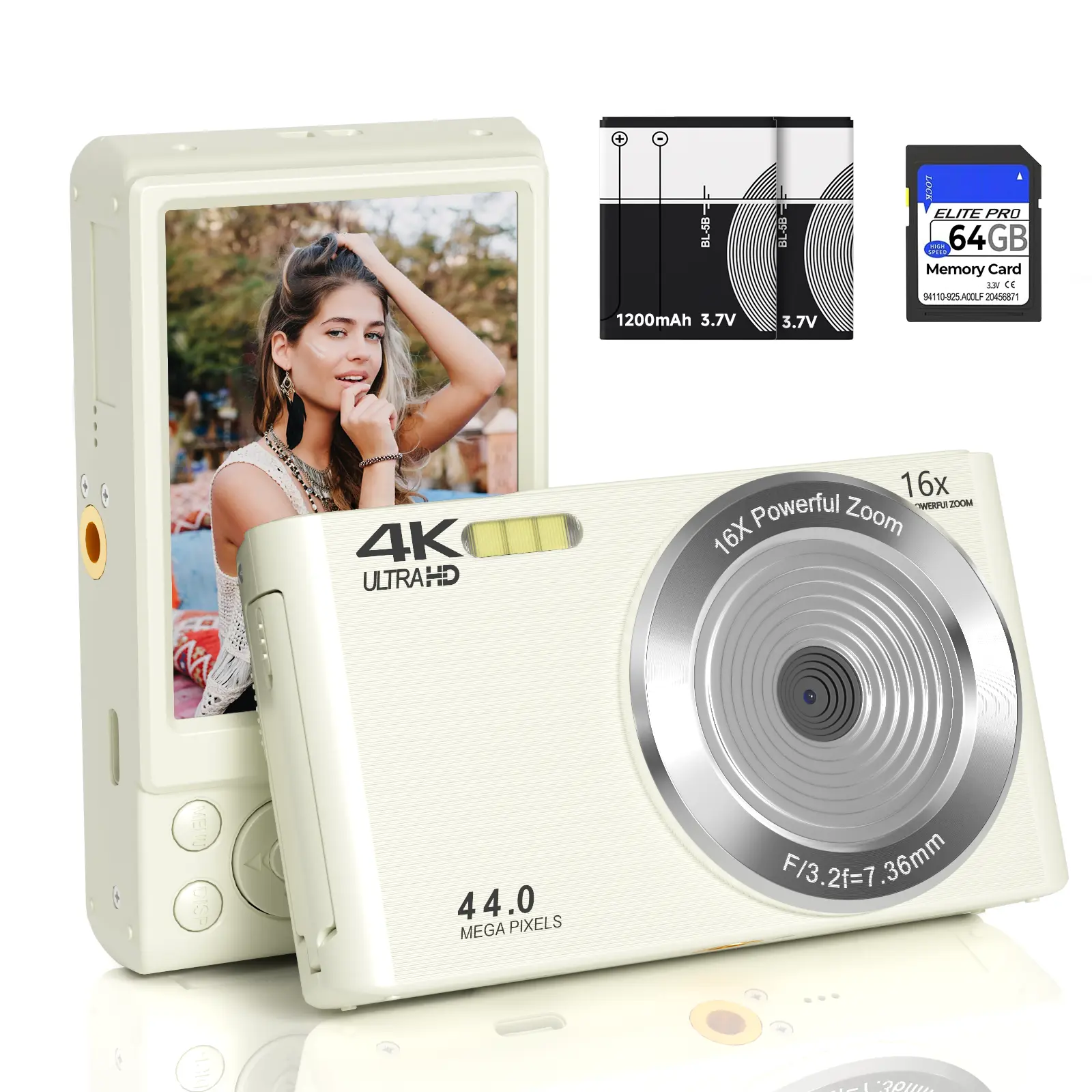 4K Digital Camera for Vlogging, Y2K Vintage Milk White Compact Digicam with 44MP & 16X Digital Zoom, Travel Pocket Camera Starter Kit (Includes 64GB Card & 2 Batteries)