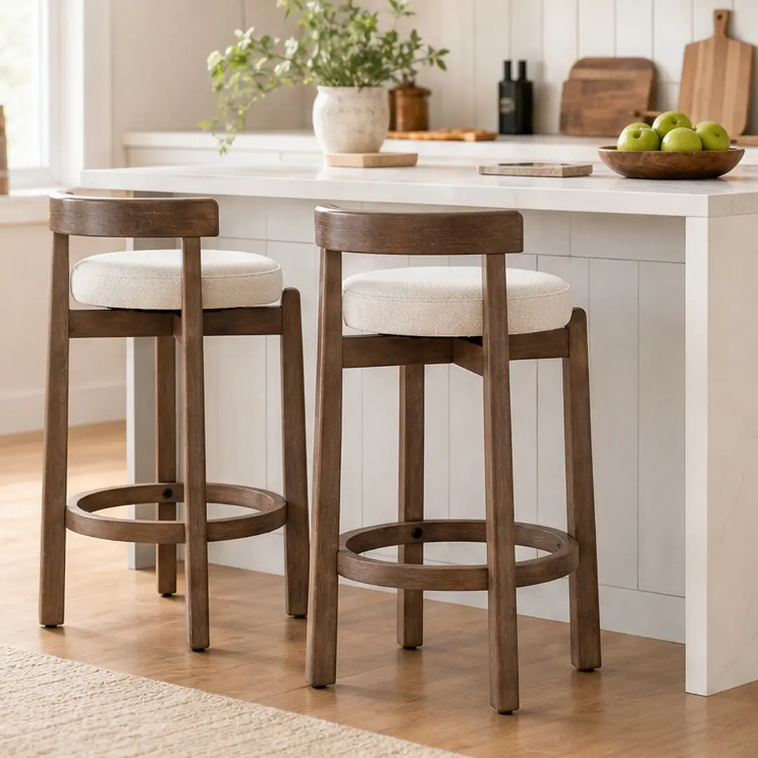ARCH Set of 2 26in Armless Swivel Counter Stools - Rustic Classic Ergonomic Mid-Century Modern French Country Solid Rubberwood Frame, Linen Upholstered, Backrest, Footrest, Solid Colors for Kitchen Island Watch Party, Home Bar, Sturdy Solid Wood Build