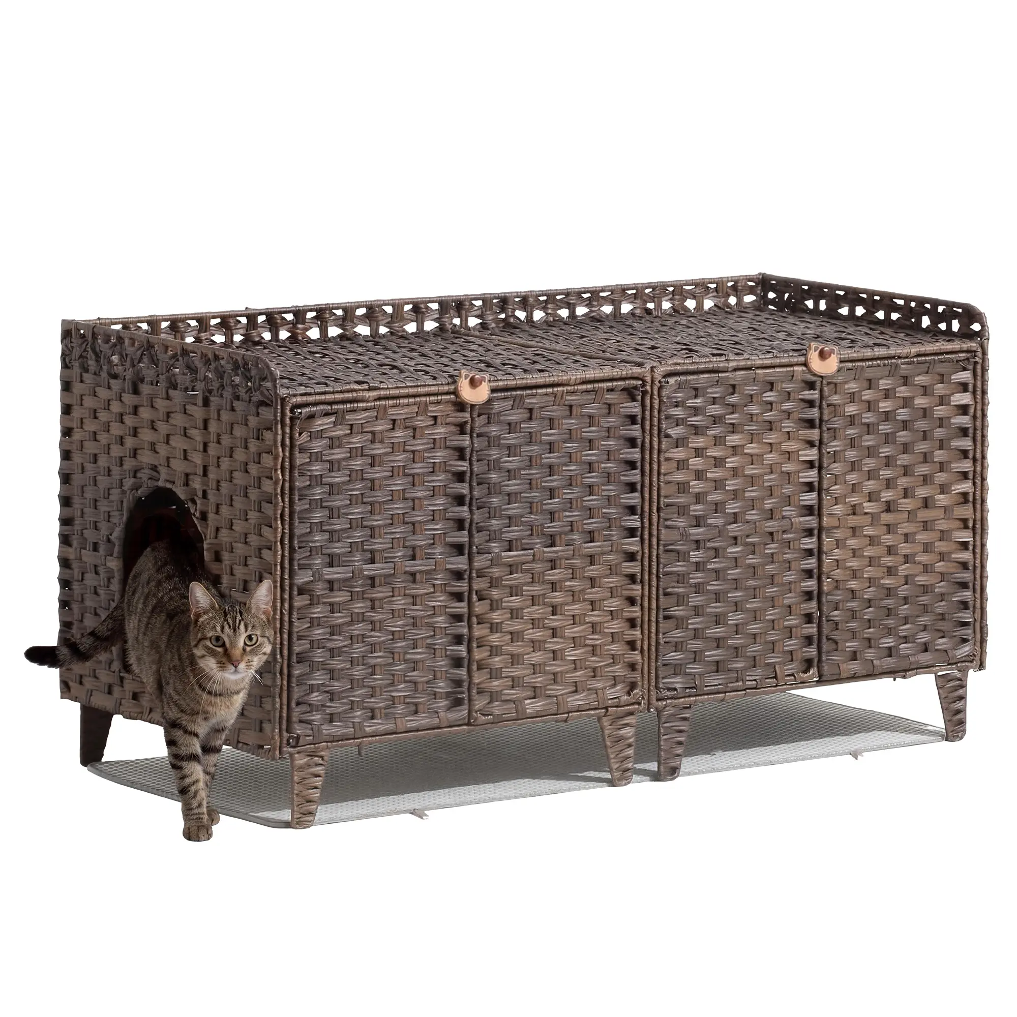 47.2" x 19.7" Double Rattan Cat Litter Box Enclosure Furniture for Two Cats, Large Hidden Cat Litter Cabinet with Lockable Doors, Entry Mat and Side Utility Hooks, Spacious Indoor Cat House Hides 2 Litter Boxes, Smooth Surface for Easy Daily Cleaning