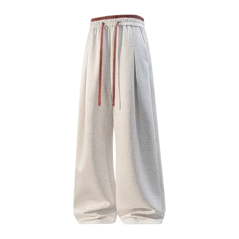 Autumn Winter Men's Cotton Blend Mid-Waist Slim-Fit Heather Casual Sport Sweatpants - Contrast-Trim Drawstring Elastic Waist, Front Pleated Soft Fabric Street Trousers for Daily & Travel Use #sohochic