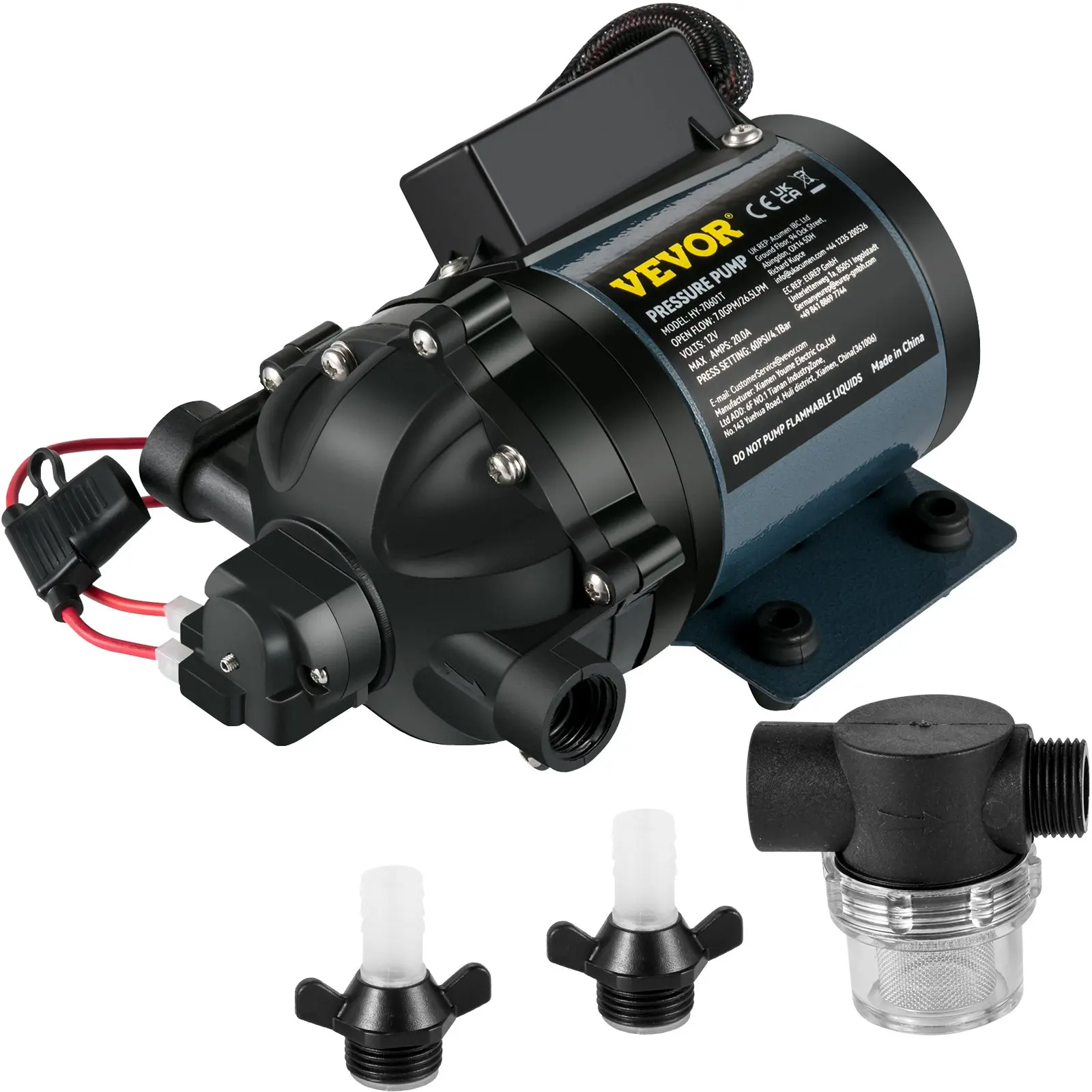 VEVOR VV-CXB-7GM 12V DC Self-Priming Washdown Pump, 7 GPM 60 PSI, Max. 10 FT Lift, ABS Shell, EPDM Valve, Threaded Universal Salt Water Strainers, for RV, Marine Deck