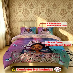 The 3-piece black girl's "God says I am" bedding set includes one quilt and two pillowcases, without fillings. It's soft and comfortable, suitable for single beds and double beds, and ideal for bedrooms, dormitories, and hotels.