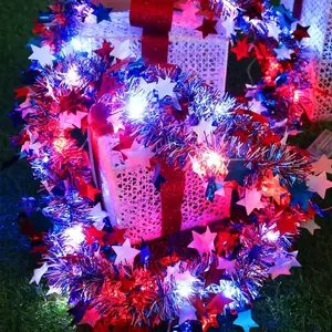4th of July Patriotic Decorations, Red White and Blue Star Garland with 20Led Copper Fairy Lights, 2PACK Each 6.6Ft Tinsel Garland National Independence Day Decor Party Home Indoorfidget toys