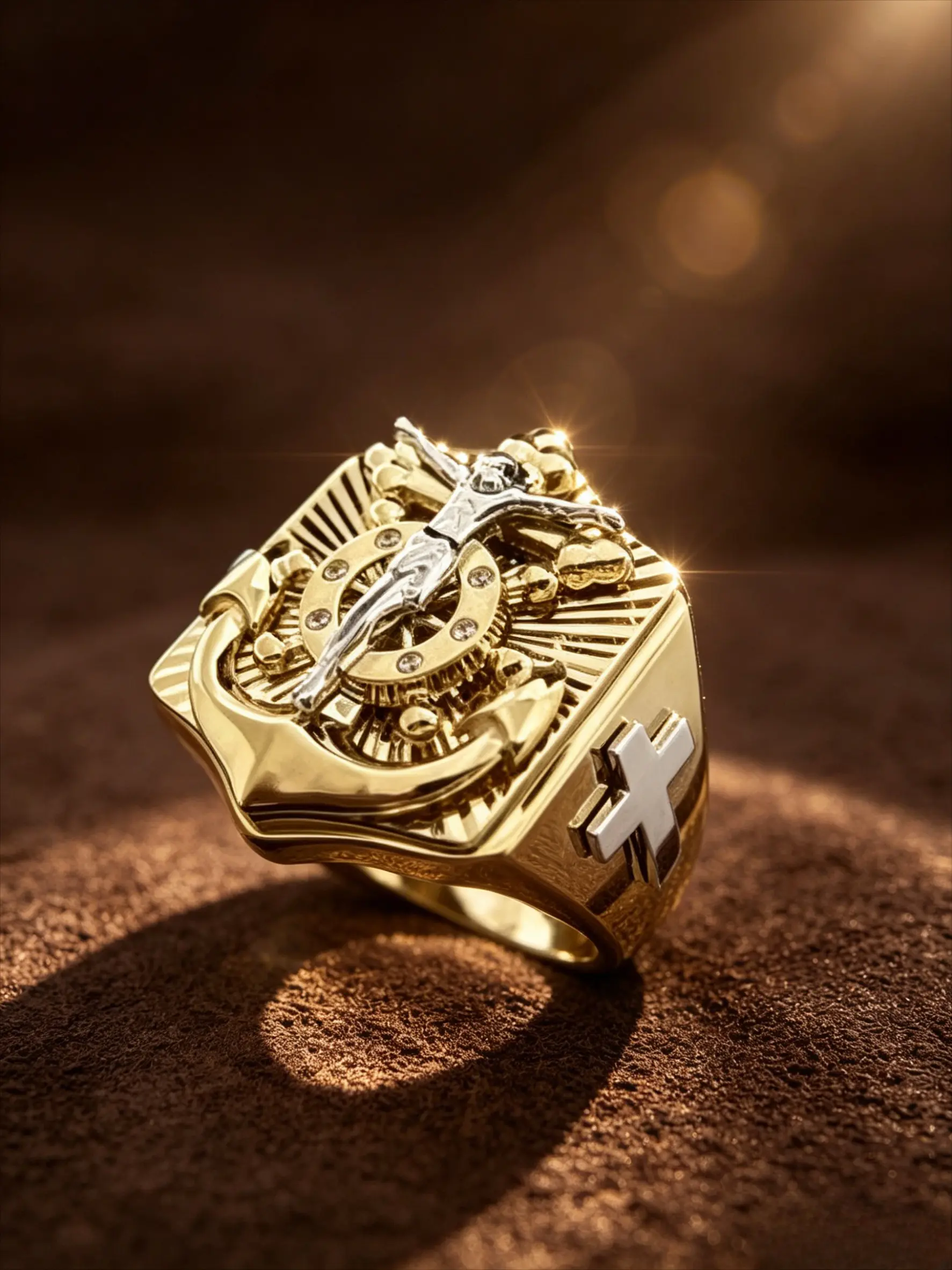 Gold Plated Two Tone Jesus Crucifix Anchor Ship Wheel Men's Signet Ring Cross Embossed Wide Band Finger Ornament Religious Nautical Statement Accessory For Church Banquet Travel Photoshoot Valentine Father Birthday Anniversary Holiday Gift For Men