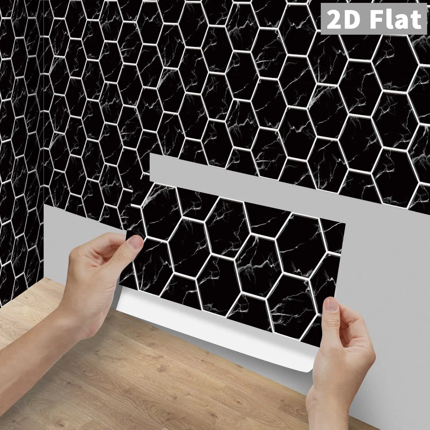 FG Black Marble Hexagon PVC Crystal Tile Stickers, Peel & Stick Waterproof Oilproof Backsplash Decals, DIY Self-Adhesive Wall Stickers for Kitchen Bathroom Floor Tile Wood Surfaces, Home Decor, 6/12/24/48 Pcs Per Pack