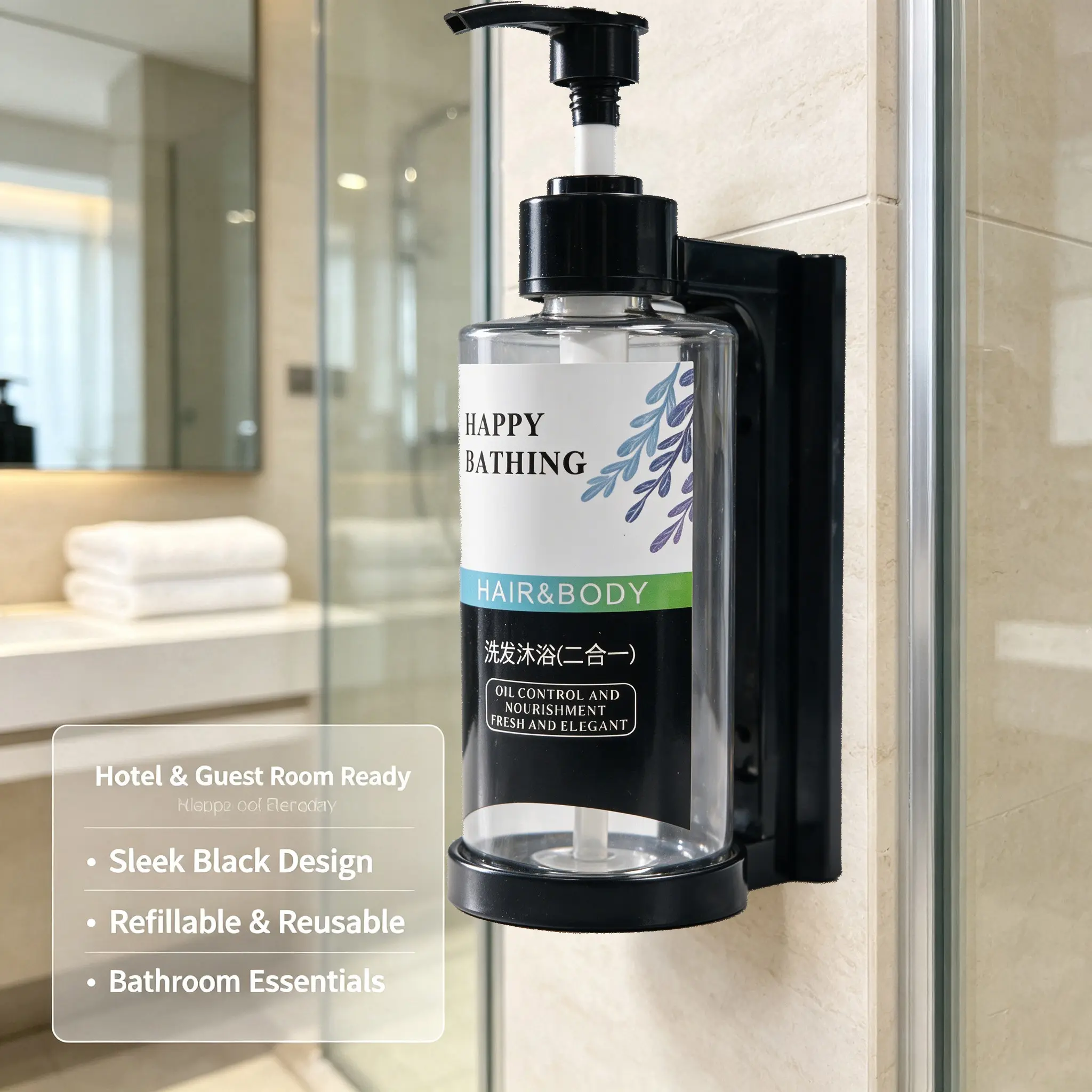 No-Drill Wall-Mounted Hair Wash Dispenser Bottle 300ML, Transparent Refillable Soap Liquid Bottle, Hotel Bathroom Shower Accessories