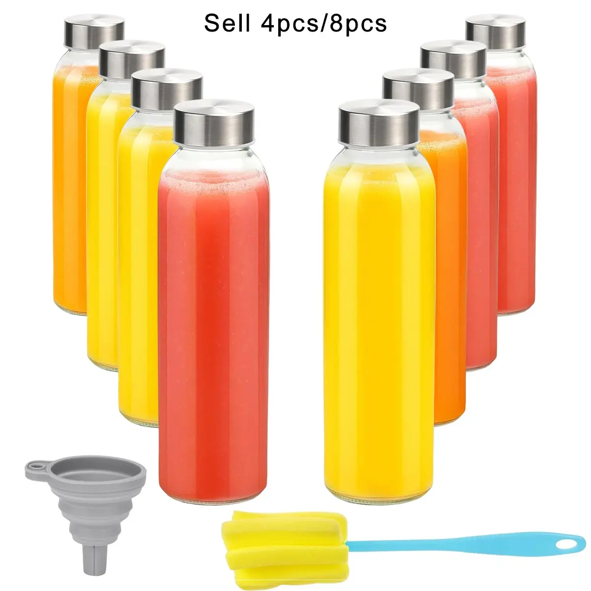 8 Pack Glass Leakproof Water Bottles with Lids, 18oz Reusable Portable Juice Bottles with Lid, Leak-Proof Juice Container