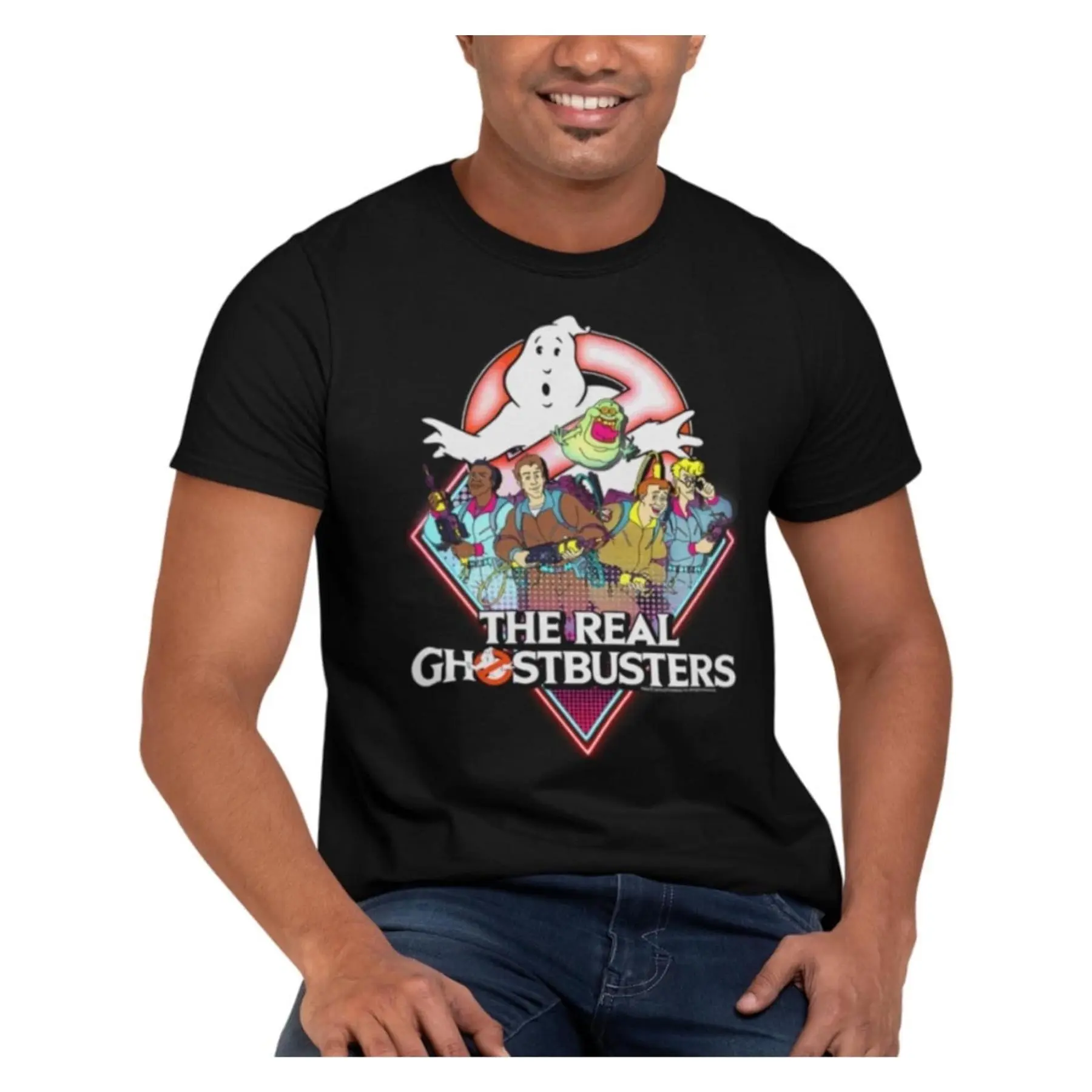 Men's Real Ghostbusters Pattern T-Shirt - 100% Cotton Casual Summer Slim Fit Short Sleeve T-Shirt, Black, featuring iconic movie characters, everyday T-shirt | Round-neck shirt | Cotton fabric