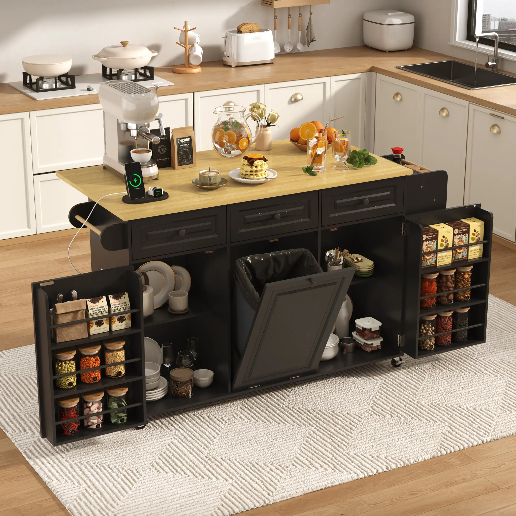 63 inch Rolling Kitchen Island with Power Outlet, Drop Leaf & Storage Cabinet - Mobile Cart with Hidden Trash Cabinet, Spice Rack, Shelves, and Towel Holder for Small Spaces,Black/White