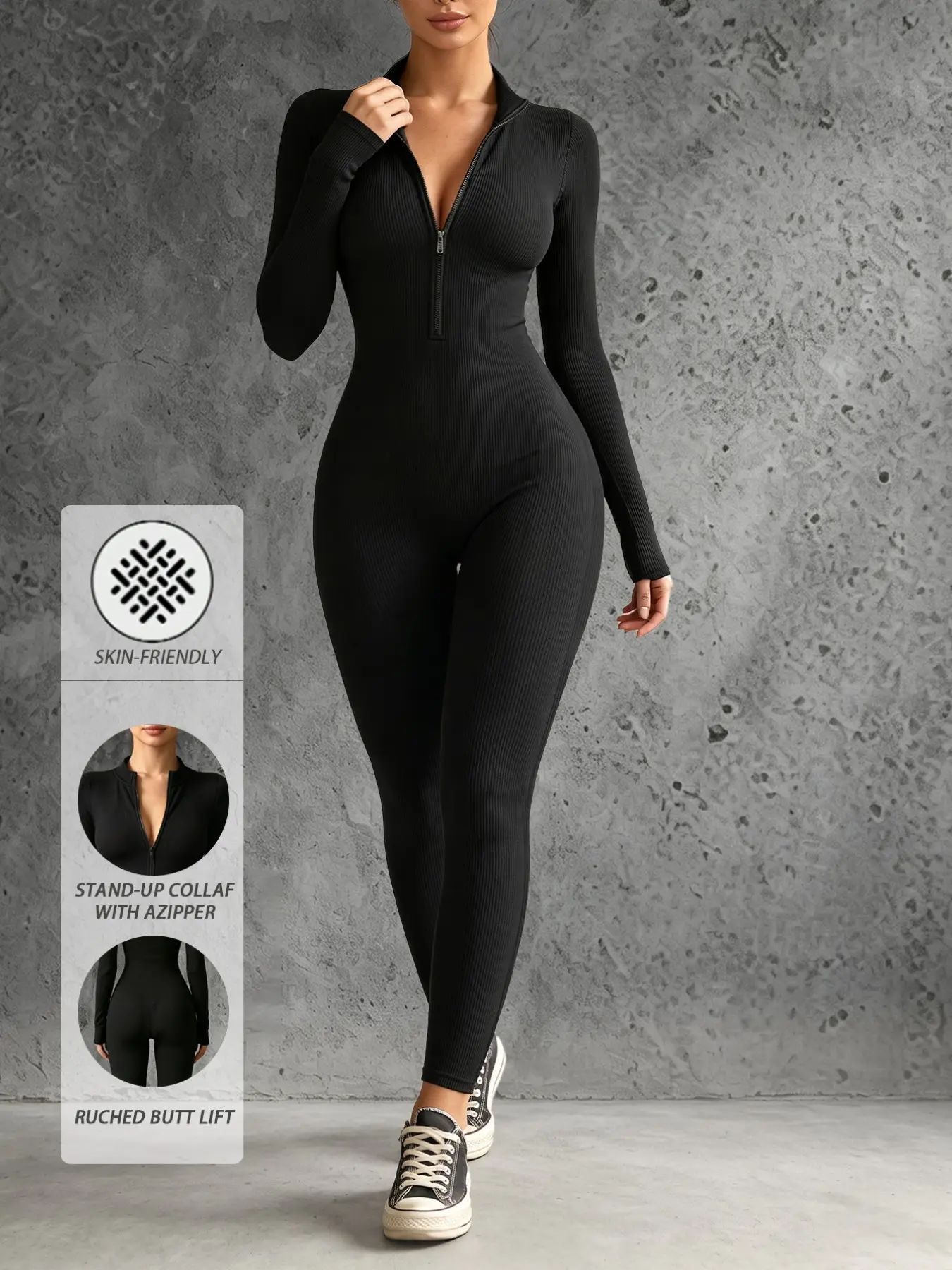 Women's High-Waisted Slim Fit Long Sleeve Jumpsuit with Zipper Front and Pockets, Casual Streetwear for Daily Comfort and Fitness
