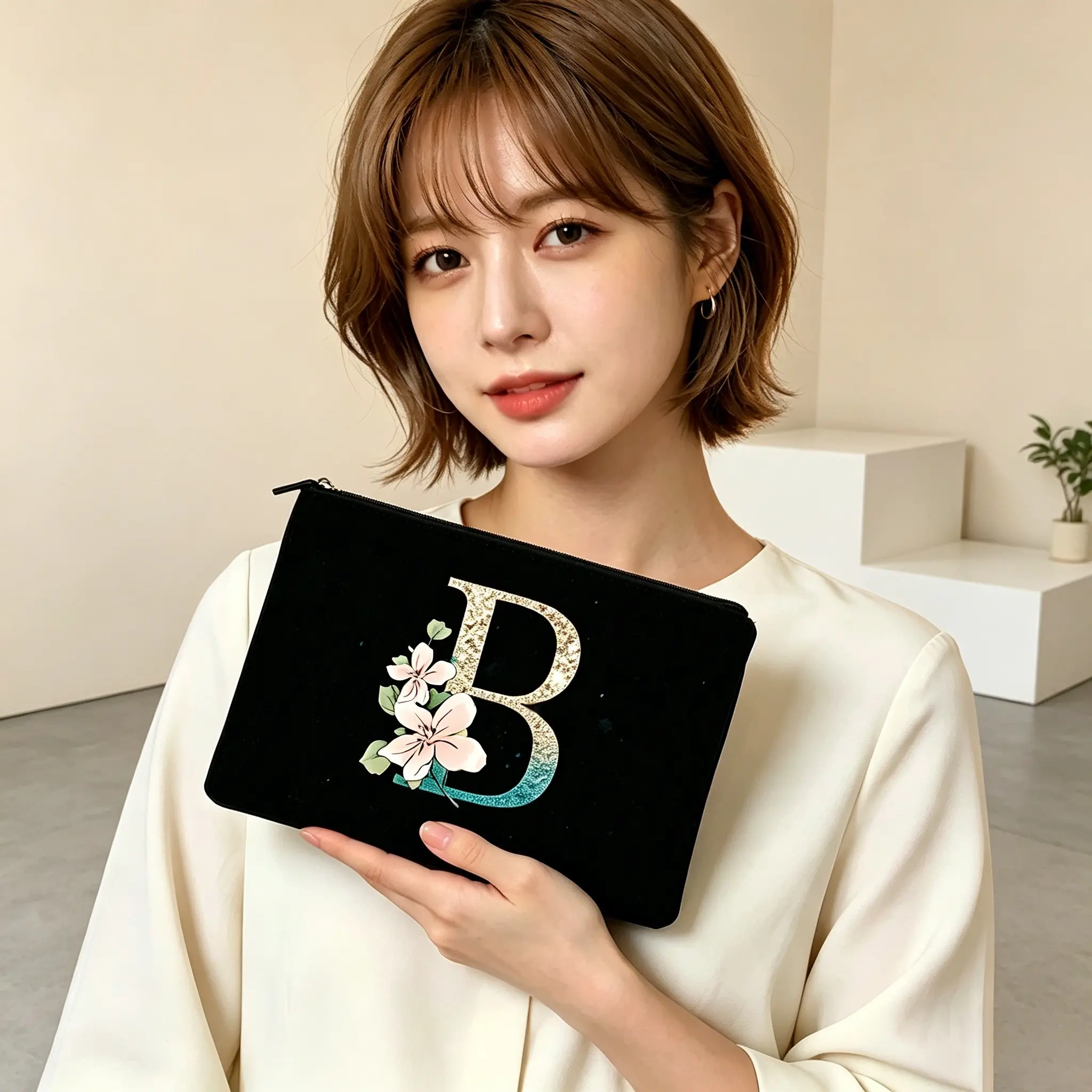 Gradient Glitter Letter B Floral Canvas Zipper Pouch, Base Custom Monogram Cosmetic Bag, Single Item Toiletry Organizer.1pc