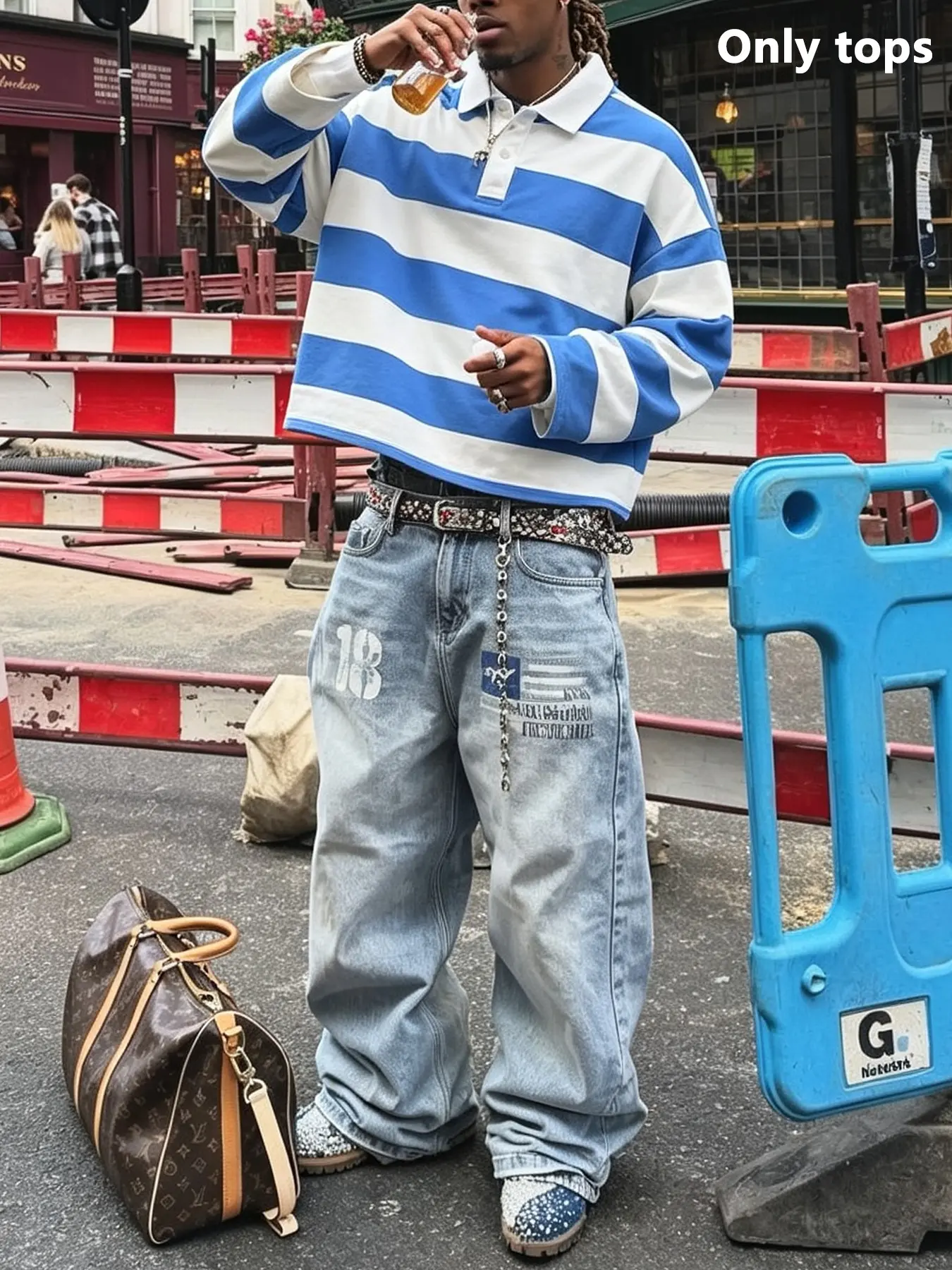 Men's Y2K Rugby Shirt, Long Sleeve Blue & White Striped Boxy Polo Collar Top, Retro Streetwear Hip-Hop Outfit for Fall & Winter