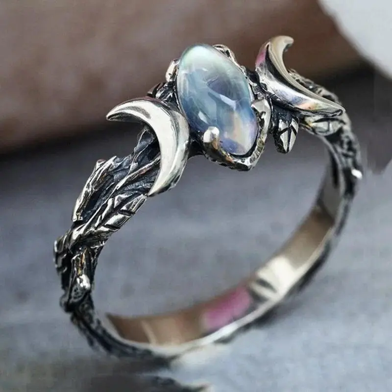 Hot Sale FashionHuitan Imitation Moonstone Moon Ring for Women Vintage Party Jewelry Delicate Bohemian Style Finger Accessories