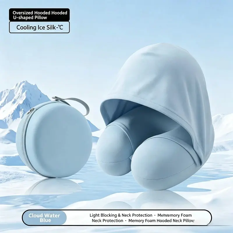 Summer Ice Silk Hooded U-shaped Neck Pillow Portable Neck Support for Travel Car Plane Office Napping Sleeping