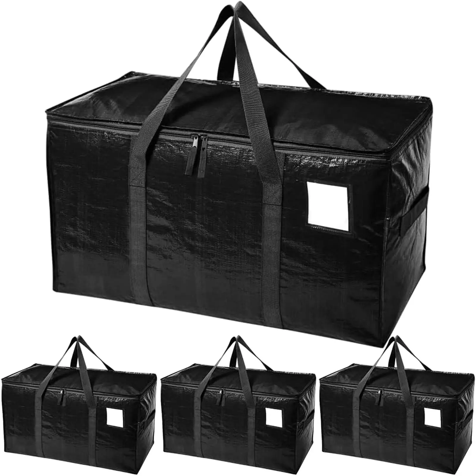 4 Pack-Extra Large Heavy Duty Moving Bags - Waterproof Storage Totes with Handles & Zippers, Foldable for College Dorm, Storage (Black)