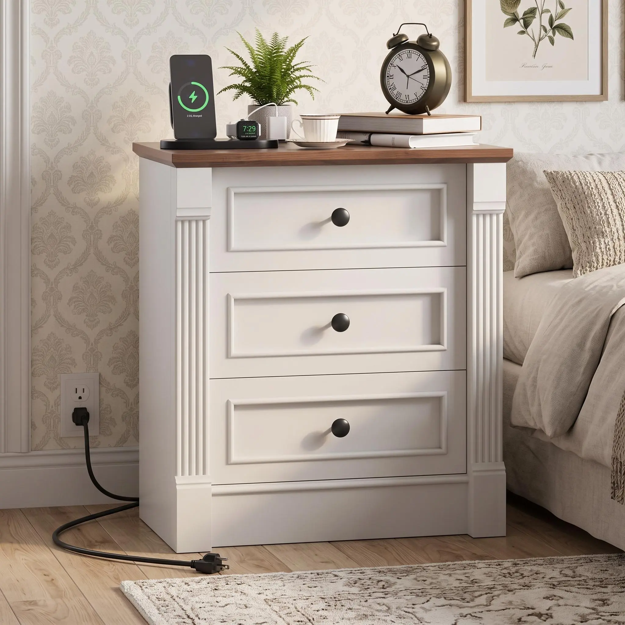 IdealHouse Farmhouse Wooden Bedside Table - 3 Drawers, Roman Column Design, Built-in USB Port, Charging Station, Spacious Storage Nightstand for Bedroom, Living Room