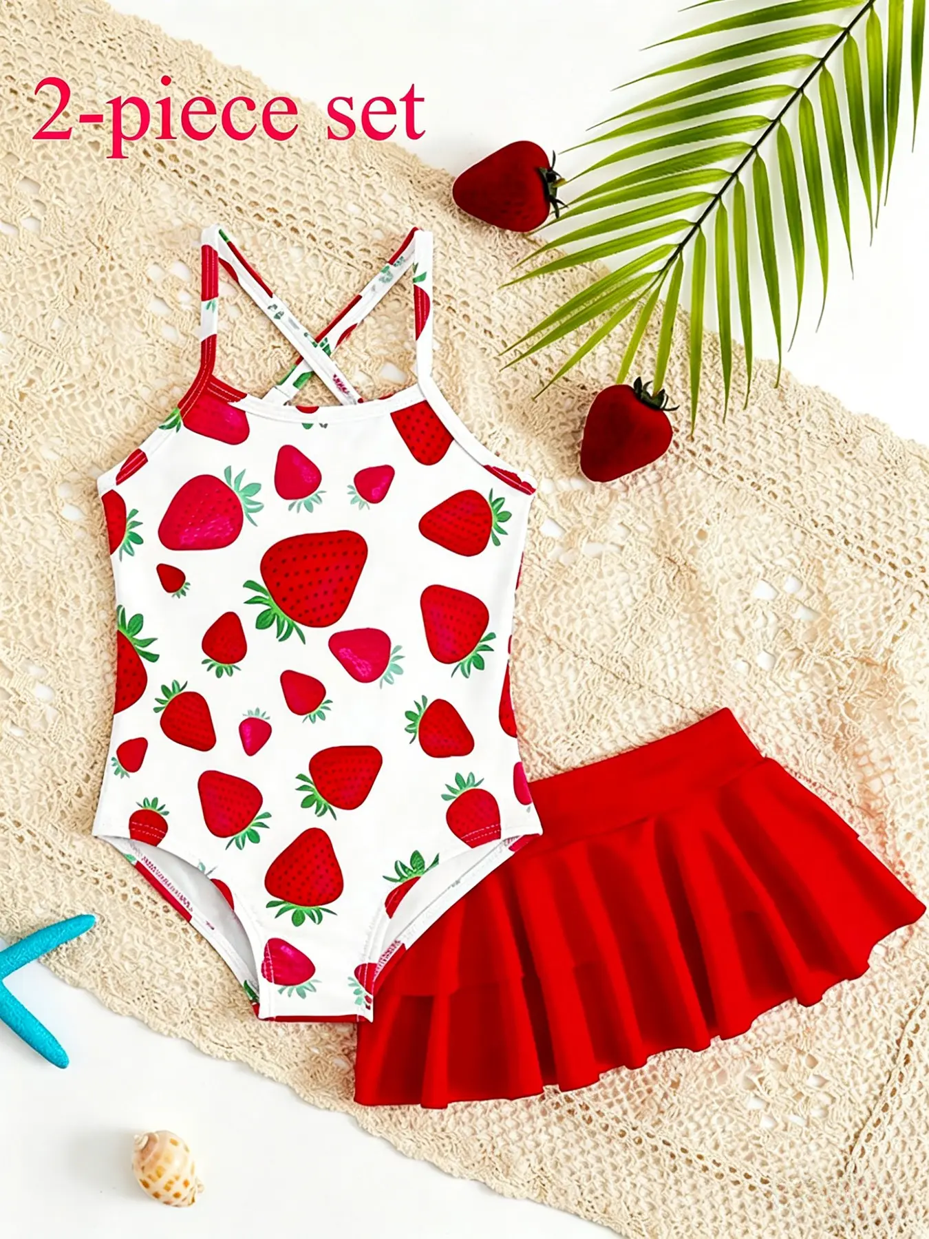 Girls Strawberry Pattern Swimsuit Set, Cute Two-Piece Swimwear, Patterned Swimsuit, Strapless One Piece Top & Layered Ruffle Skirt, Beach Vacation, Swimwear Outfits