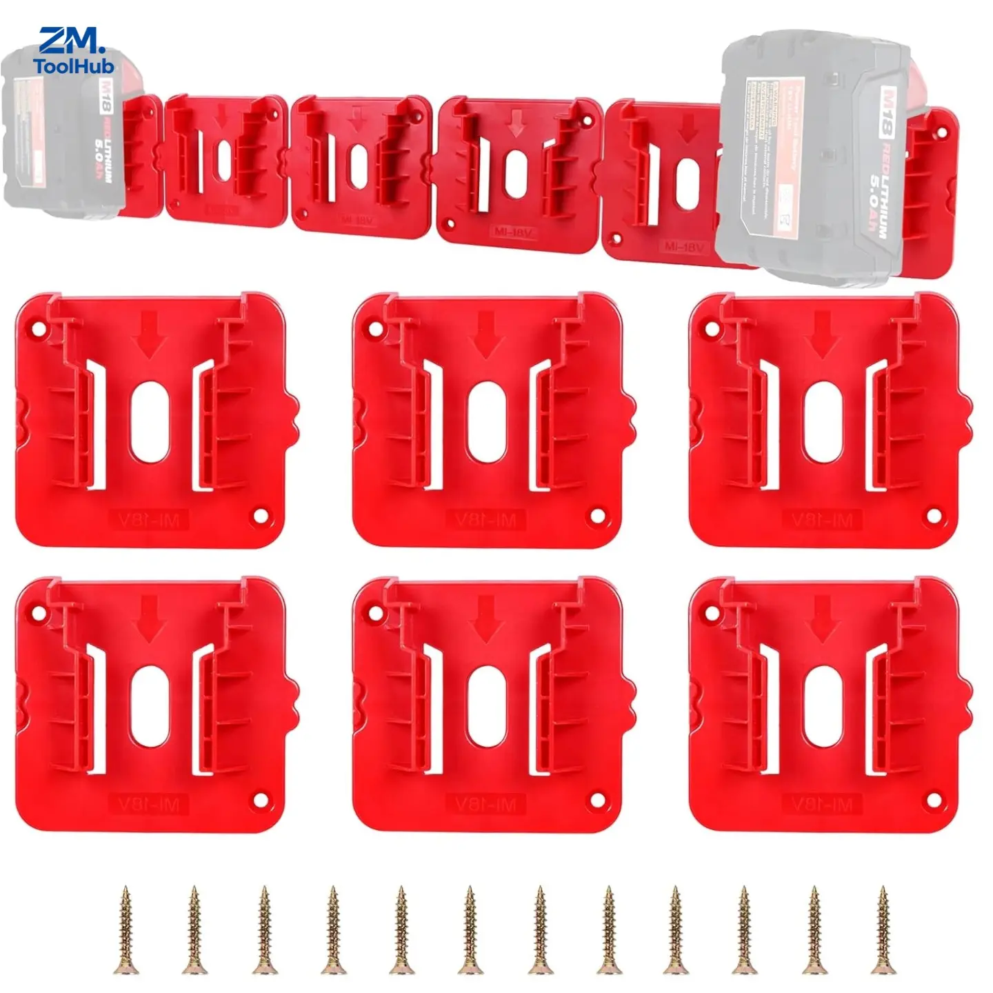 6 Pcs Battery Holder Mounts Dock Holder for M18 18V Battery, Compatible with M18 48‑11‑1815 48‑11‑1828 48‑11‑1850 48‑11‑1860, Power Tool Battery Storage Organizer Accessories