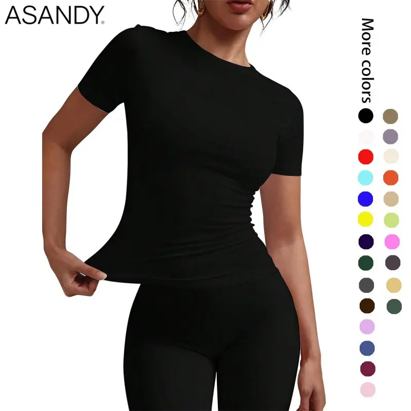 ASANDY Women's Crew Neck Short-Sleeve T-Shirt - 4-Way Stretch Spandex-Nylon Fabric, Double Layer, Slim Fit, Smooth Soft Piece, Minimalist Essential for Everyday Layering & Casual Style, Basic, Round Neck, Shirts For Women, Simple Fit, Hugging Fit Women's