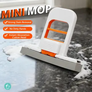 Self Squeezing Mini Mop, Mini Foldable Desktop Mop, Orange Small Sponge Mop, Wet and Dry Use Cleaning System, Replaceable Head, for Desktop, Kitchen, Counter, Glass, Tile (White)