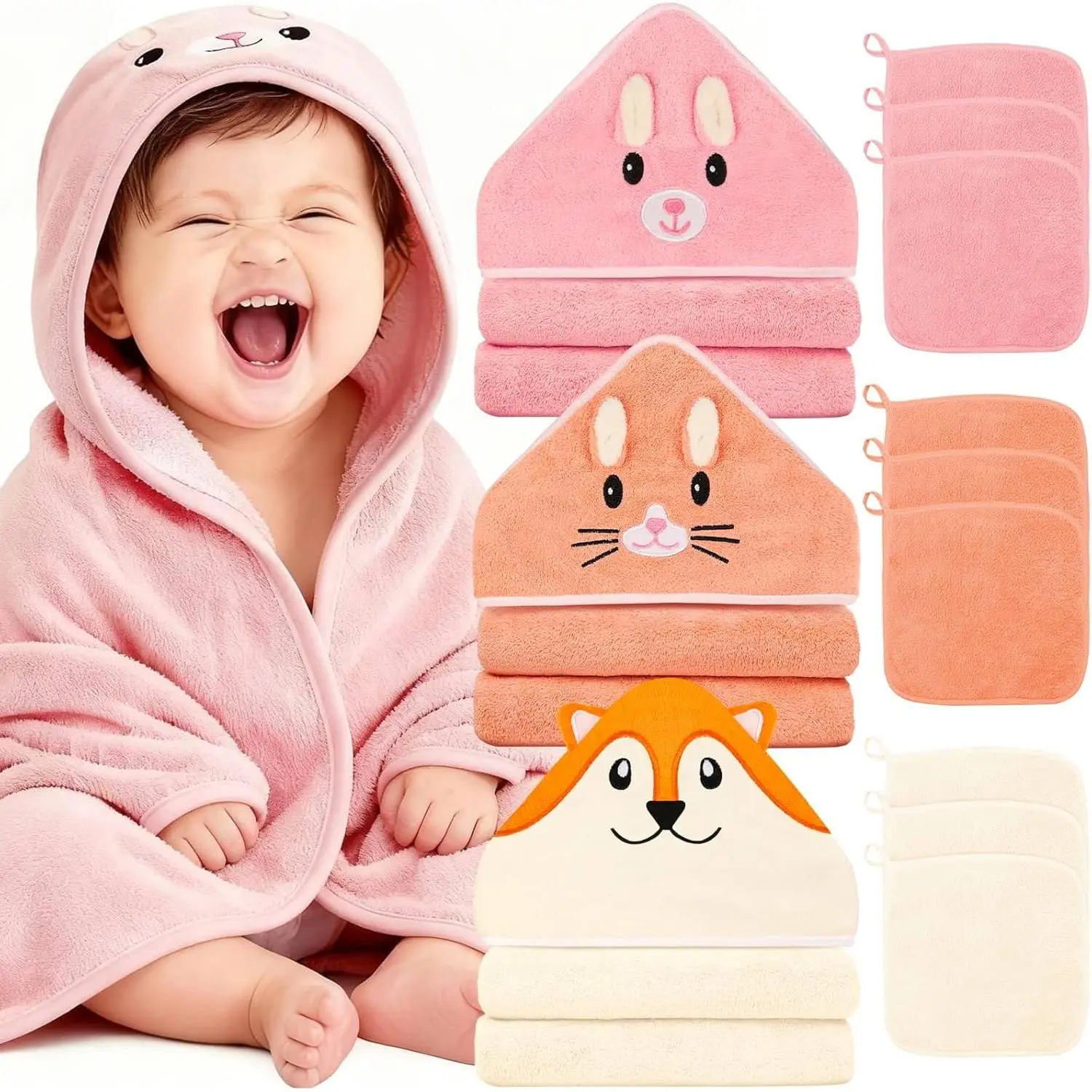 31x31 Inch Baby Hooded Towels, 12Pcs Baby Towels and Washcloths Set, Soft and Absorbent Baby Bath Towels, 3 PCS Cute 32x32 in Baby Towel with Hood and 9 Pcs Baby Washcloths  Boys and Girls