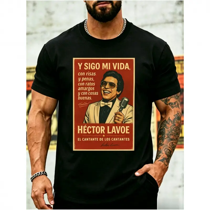 Men's Hector Lavoe Salsa Dance Music Graphic Tee - Vintage Salsa Lyrics Print, Round Neck, Shortsleeve Menswear Tops, Loose Fit, Latin Music Fan Gift, Soft, Fashionable, Versatile, Machine Washable Casual Sport Top