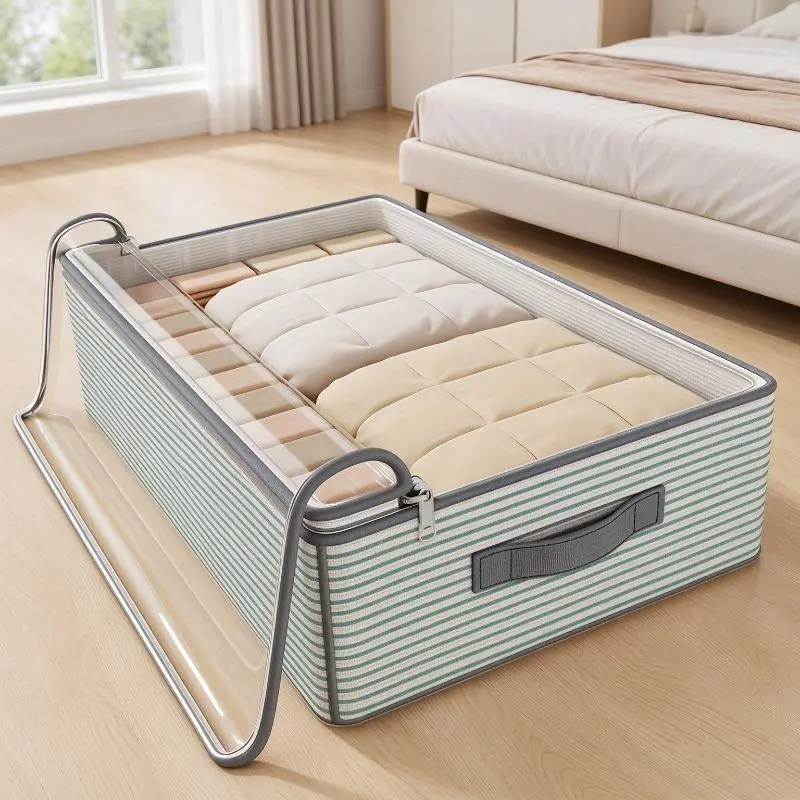 Foldable Under Bed Storage Bin with Clear Transparent Lid, Striped Fabric Underbed Storage Container with Reinforced Handles for Blankets & Clothes