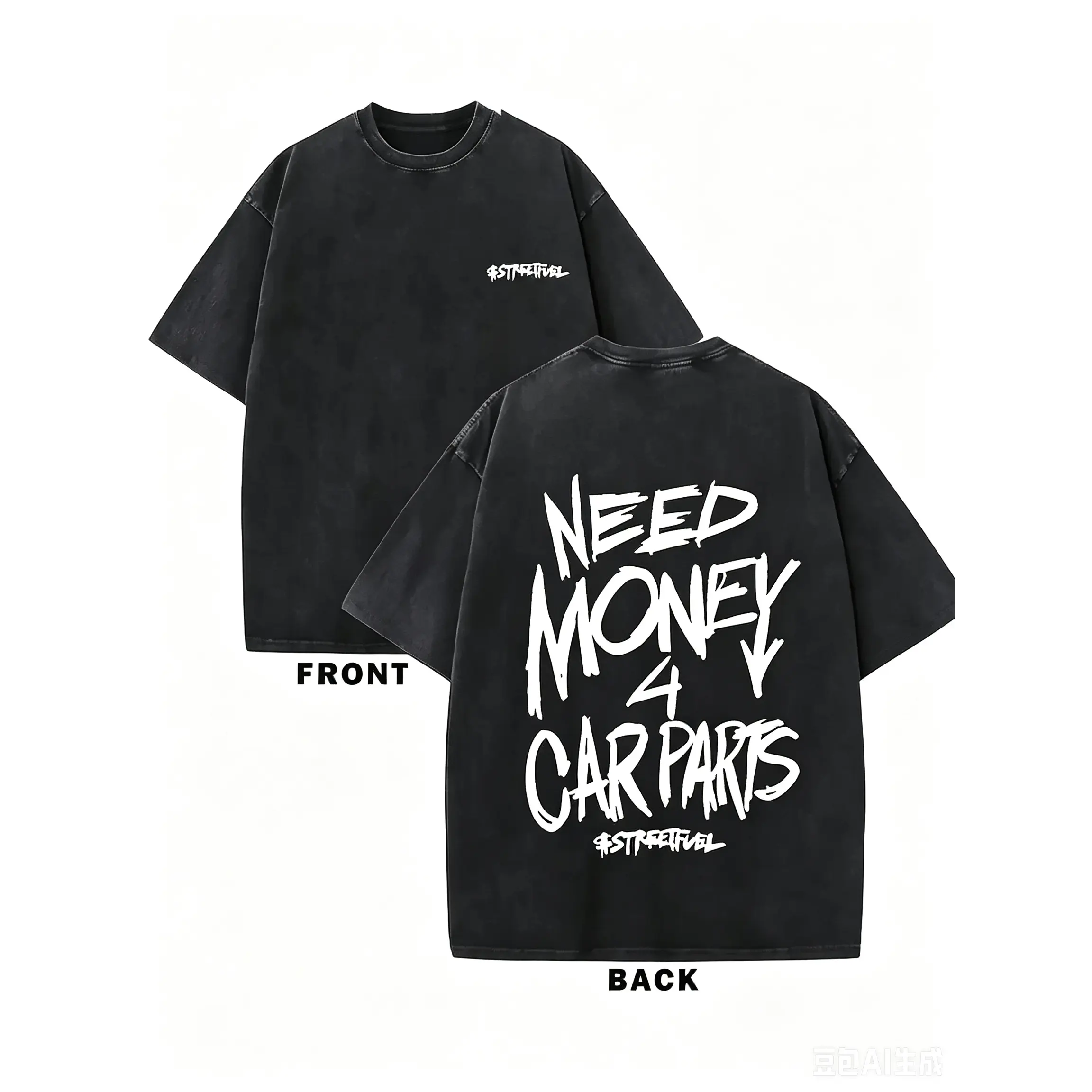 Men's Heavyweight Casual Distressed Vintage Shortleeve Tshirt - 1pc Round Neck Graphic Tee, Black Streetwear with "NEED MONEY for CARS" Print, for Car Enthusiasts, Machine Washable All-Season Top, Shortsleeve