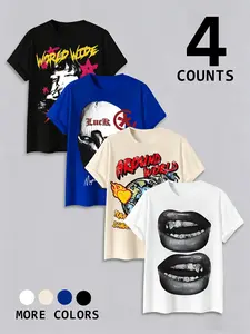 Affordable 4-Pack Streetwear Graphic T-Shirt Bundle | Unisex Retro Grunge Oversized Short Sleeve | Comfortable Crewneck Tops for High-Street Casual Wear & School Outfits