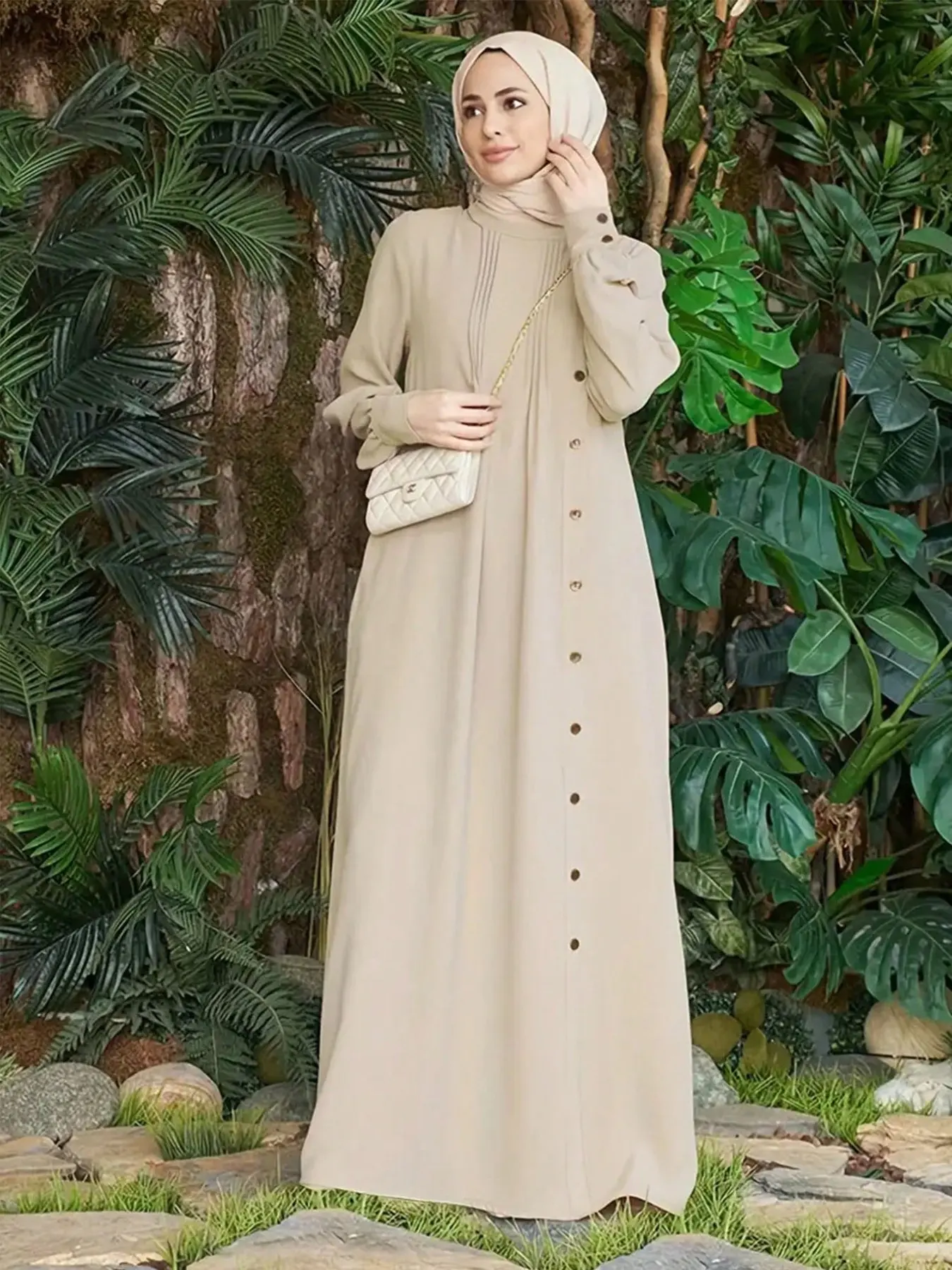 Women's Stand Collar Button Front Abaya, Elegant Hijabi Style, High Neck Pleated Dress, Puff Sleeves, Full Length Maxi Cut, Soft Flowy Material, Muslim Clothing, Elegant Islamic Fashion