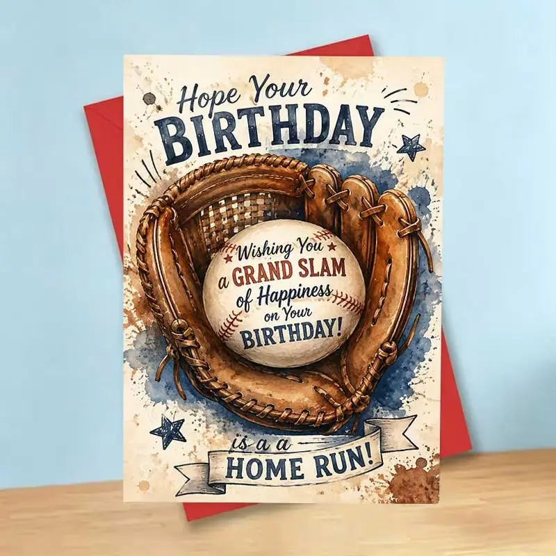 Baseball Theme Birthday Card, Hope Your Birthday Is a Home Run, Grand Slam of Happiness, Vintage Baseball Glove Design, Blank Inside, Includes Envelope, Great Gift for Baseball Fans