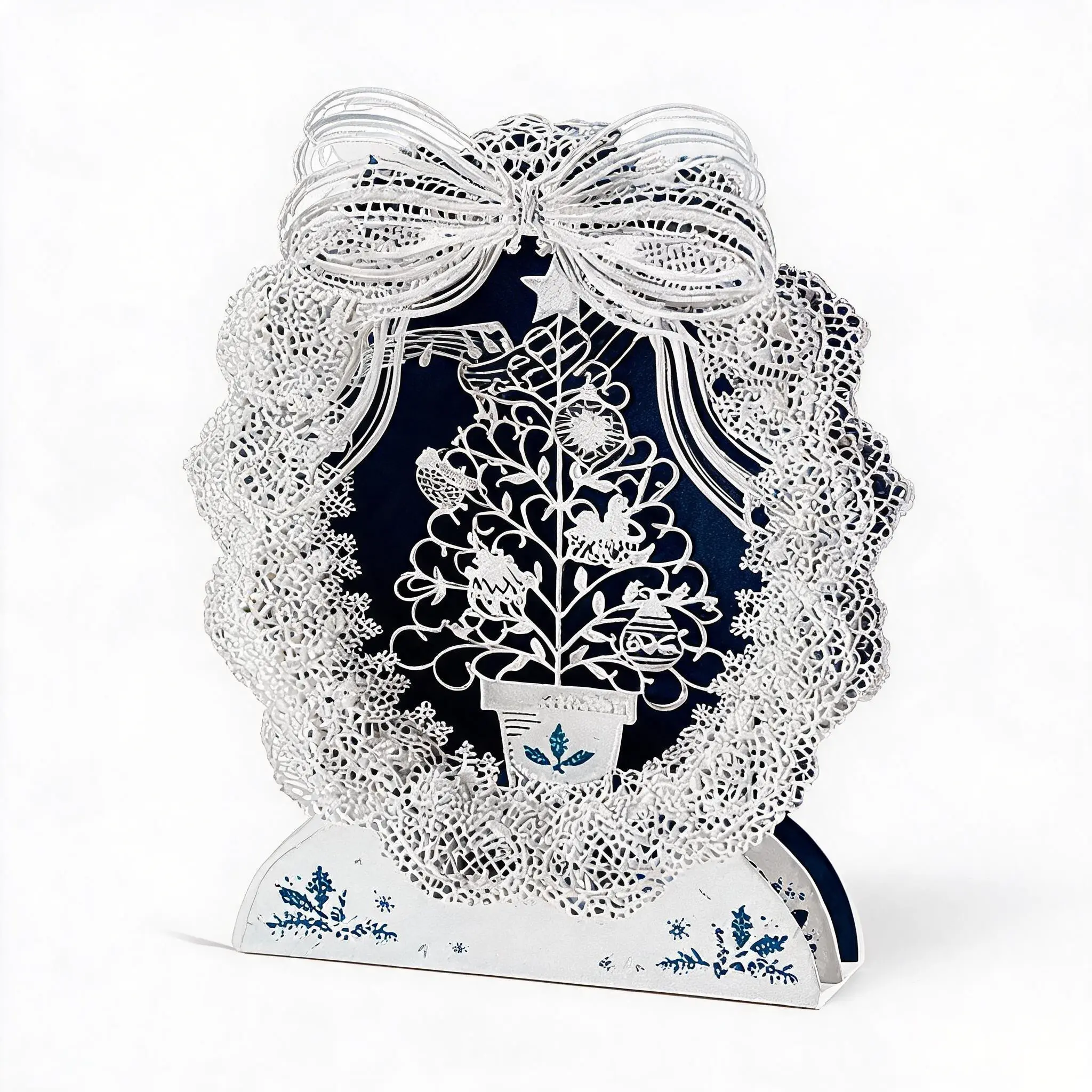 1Pcs White Lace Laser Cut Christmas Greeting Card 3D Foldable Xmas Wreath Window Village Blessing Christmas Card Holiday Handmade Greeting Card