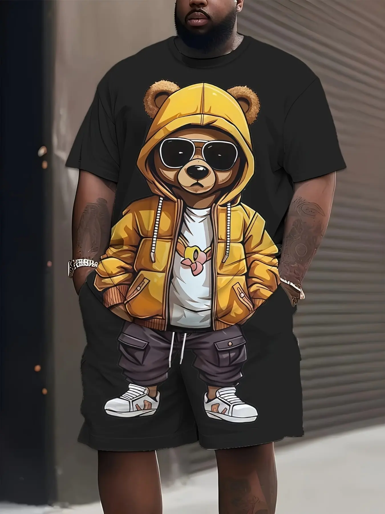Men's Cartoon Bear Pattern Set, 3D Digital Print, Summer Casual, Loose Fit Oversized Short Sleeve Round Neck Tee and Shorts, Outdoor Sports Wear, Comfy Summer Sets