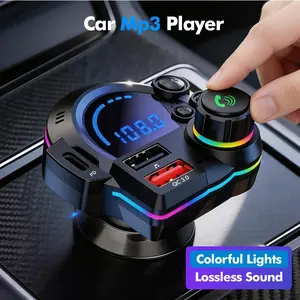 [Father’s Day Gift]In-car Bluetooth MP3 Player with Hands-Free Calling Car FM Transmitter Super-fast Charging Dual USB Ports Adjustable Mood Lights 1-Touch Hands-Free HiFi Music Playback, Car Accessories, Bluetooth Car Adapter