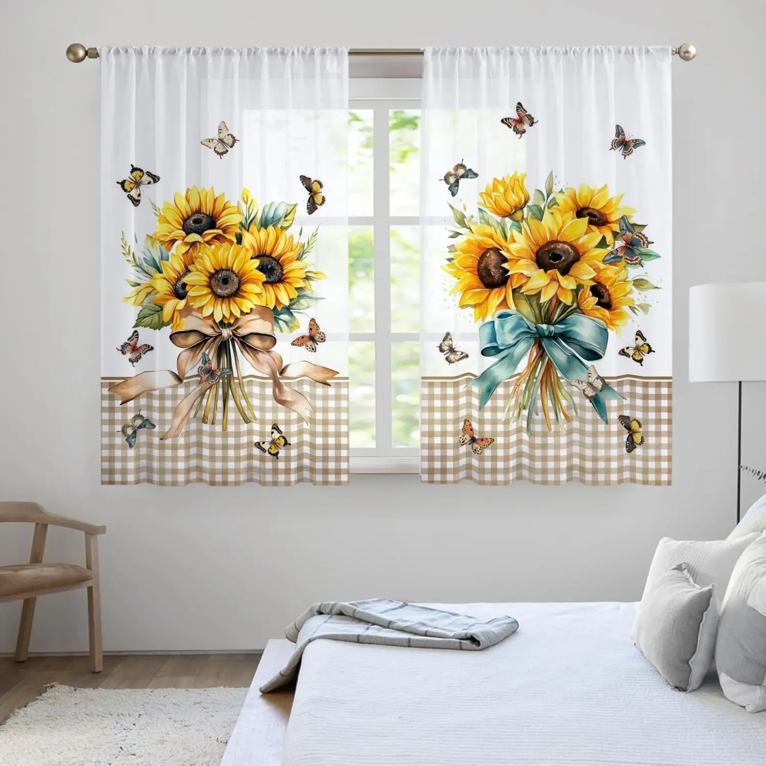 2PCS country-style floral sunflower butterfly semi-transparent window drapes, semi-opaque polyester material, suitable for bedroom and living room window decoration