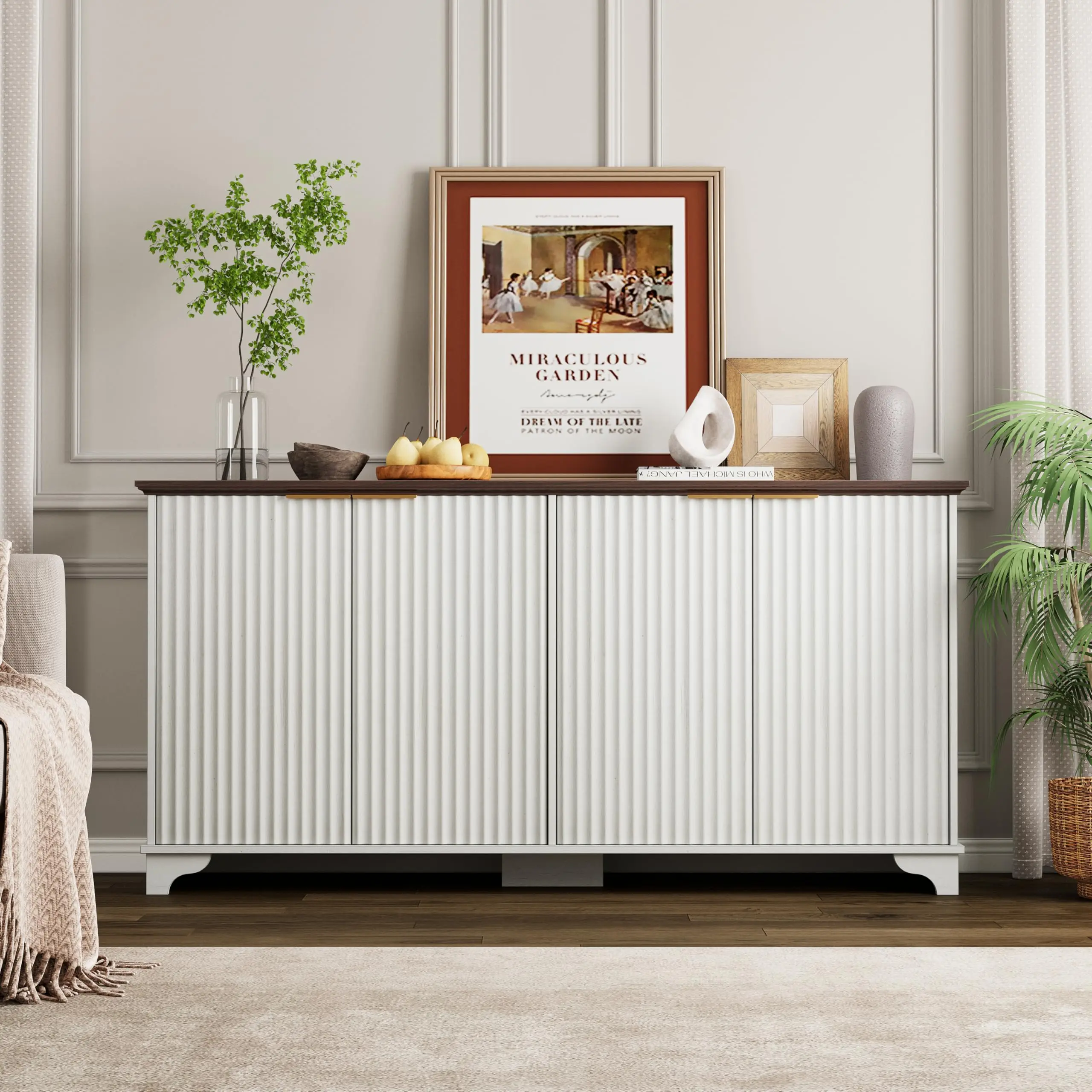 GARVEE61" Large Buffet Sideboard Cabinet with 4 Fluted Doors, Adjustable Shelves, and Spacious Storage; Modern Farmhouse Style for Kitchen and Living Room in White, Oak, or Dark Oak Finish