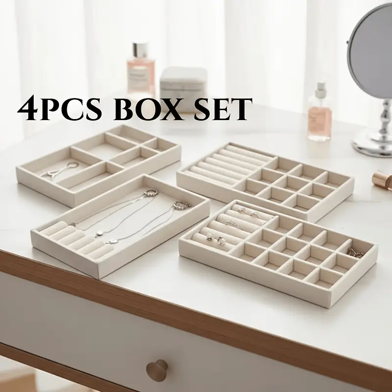 4pcs Velvet Jewelry Display Box Set - Exquisite Portable Organizer Storage Box with Trays for Rings, Earrings, Necklaces, Gifts for Women, Beige Home Organizer