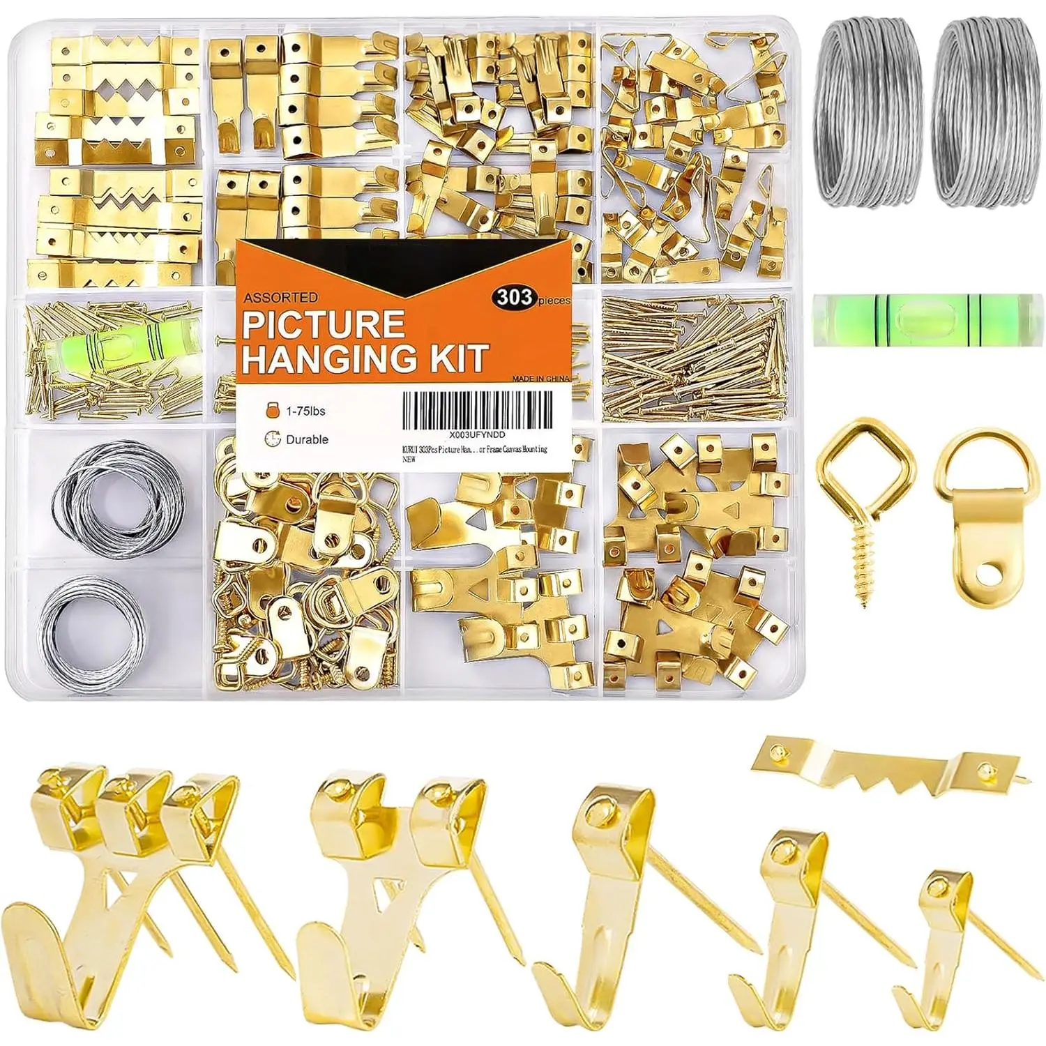 303Pcs Picture Hanging Kit, Picture Hangers Assorted Kit with Heavy Duty Picture Hanging Hooks/Hardware Nails/Sawtooth/Wire/D Rings/Level, Metal Picture Wall Hooks  Frame Canvas Mounting
